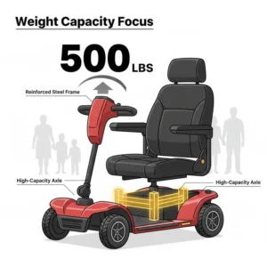 Illustration showing the 500lb weight capacity of a heavy duty mobility scooter.