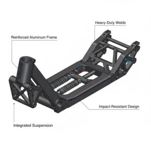 Illustration detailing the reinforced, heavy-duty frame construction of a rugged scooter built for demanding terrain.