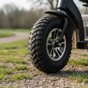 Close-up of large, pneumatic tires on the all terrain disability scooter, showing deep tread for enhanced traction on various surfaces.