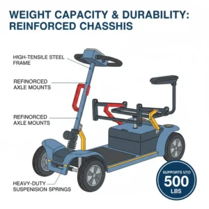 Technical diagram showing the heavy-duty frame and weight capacity of a bariatric scooter.