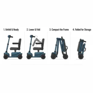Detailed diagram showing the folding process of an all terrain mobility scooter foldable for storage.