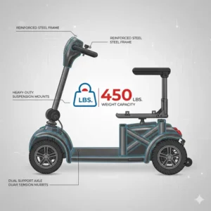 Illustration of a reinforced steel frame built for a mobility scooter 450 lb capacity.