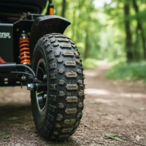 Close-up view of the durable, thick tires on the all terrain mobility scooter for adults, built for superior traction.