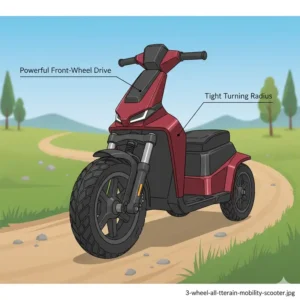 A sleek, 3-wheel all-terrain off road mobility scooters parked on a dirt path, emphasizing its tighter turning radius and powerful front-wheel drive for navigating nature paths.