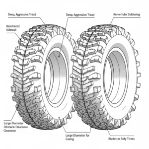 Diagram illustrating the deep tread and large size of all-terrain tires, a key component of an off-road rugged scooter.