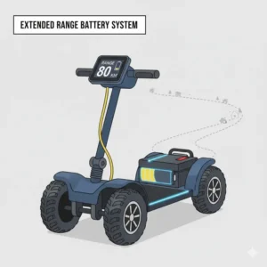 A diagram showing the long-range battery of a 4 wheel all terrain scooter.