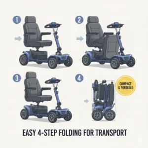 A demonstration of the quick folding process for a foldable mobility scooter for heavy adults designed for easy travel.