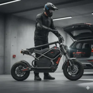 A user demonstrating the quick folding mechanism of the off road e scooter for easy storage and transportation.