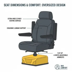 Close-up illustration of the adjustable and extra-wide padded seat on a bariatric scooter.