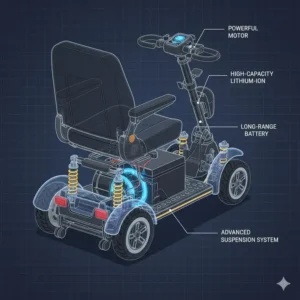 Diagram highlighting the high-torque, powerful motor and long-range battery of an all terrain mobility scooters.