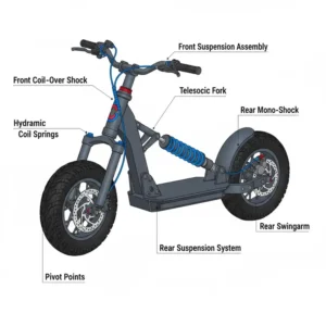 Diagram illustrating the heavy-duty front and rear suspension system of an all terrain scooter for adults.