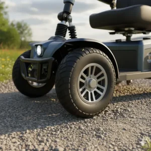 Close-up of the rugged tires and deep treads on an all terrain mobility scooter foldable.
