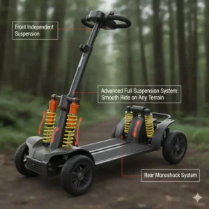 Diagram illustrating the advanced shock absorption and suspension system of the all terrain mobility scooter for adults.