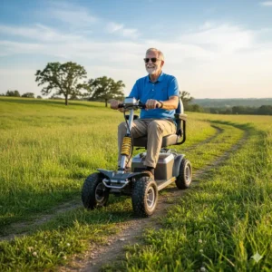 Happy senior man riding his all terrain mobility scooters on a scenic, grassy park trail, demonstrating outdoor freedom.