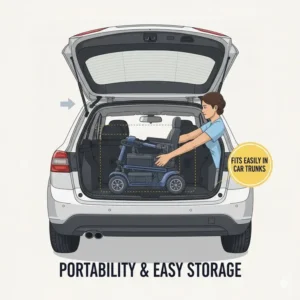 Showing how easily a foldable mobility scooter for heavy adults fits into a standard car trunk for maximum portability.