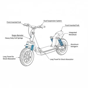 Technical drawing showing the advanced dual suspension system on a rugged scooter, crucial for shock absorption over bumps.