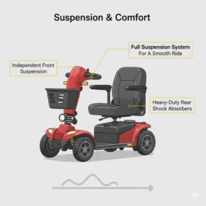 Close-up illustration of the full suspension on a heavy duty mobility scooter.