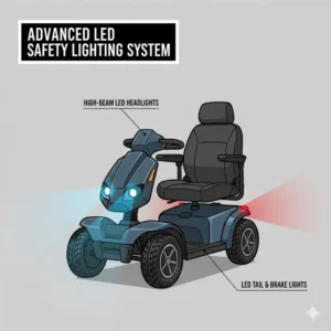 Close-up of the bright LED safety lights on a 4 wheel all terrain scooter