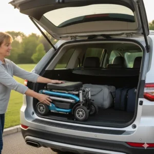 Demonstrating how easily an all terrain mobility scooter foldable fits into a vehicle trunk.