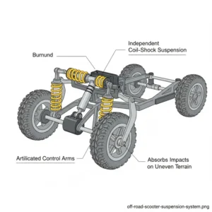 Technical diagram showing the independent coil-over shock suspension system on an off road mobility scooters chassis, demonstrating how it absorbs impacts on uneven terrain.