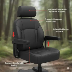 Detail shot of the comfortable, adjustable seat and backrest on the all terrain mobility scooter for adults.