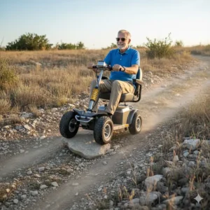 A robust all terrain mobility scooters safely and steadily climbing a steep hill or incline outdoors.