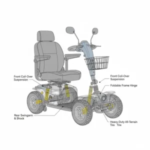 Technical view of the advanced suspension system built into an all terrain mobility scooter foldable.