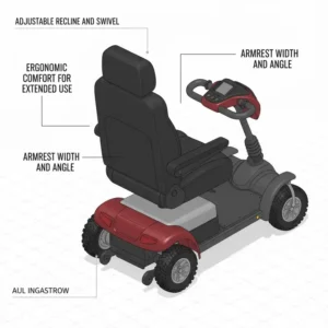 Image of the wide, adjustable, and padded ergonomic seating designed for long-distance comfort on the all terrain disability scooter.