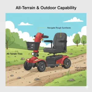 A heavy duty mobility scooter navigating uneven grass and gravel surfaces.