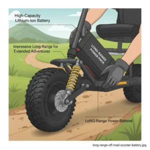 Image of a high-capacity lithium-ion battery being loaded into an off road mobility scooters, signifying its impressive long range capability for extended outdoor adventures.