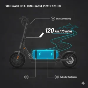 Diagram illustrating the high-capacity, long-range battery pack integrated into the deck of the off road e scooter.
