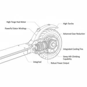 Graphic displaying the high-torque, powerful motor specifications that propel this rugged scooter across various landscapes.