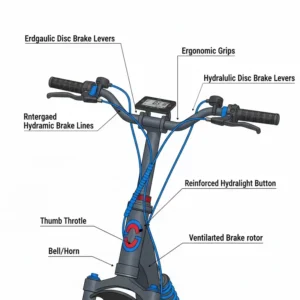 View of the ergonomic handlebars and the hydraulic disc brakes system on a premium all terrain scooter for adults (kick scooter).