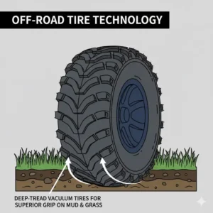 Deep-tread vacuum tires designed for a 4 wheel all terrain scooter off-road.
