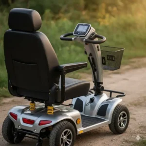 Shot showing the comfortable, adjustable captain's chair and ergonomic controls of a best all terrain mobility scooters.