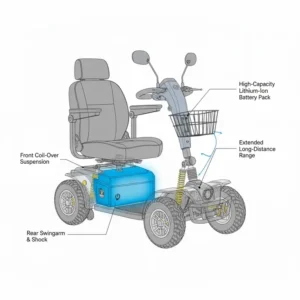 Graphic explaining the long-life battery capacity of this all terrain mobility scooter foldable.