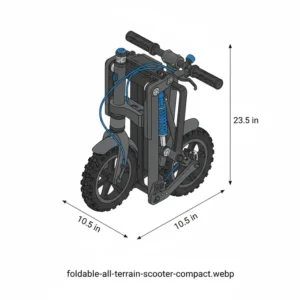 A fully folded all terrain scooter for adults, demonstrating its compact size for easy storage and portability.