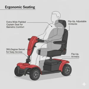 Illustration of an extra-wide padded captain's seat on a heavy duty mobility scooter.