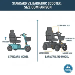 A side-by-side visual comparison between a standard model and a heavy-duty bariatric scooter.