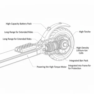 Visual representation of the high-capacity, long-range battery of a rugged scooter designed for extended adventure rides.