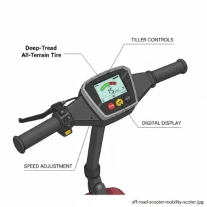 Close-up of the easy-to-read dashboard and ergonomic tiller controls on a premium off road mobility scooters, including speed adjustment and battery indicator.
