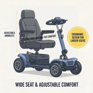 Illustration of the wide ergonomic seat and adjustable armrests of a foldable mobility scooter for heavy adults.
