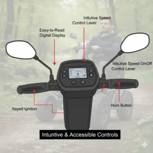The intuitive, easy-to-use control panel and digital display of the all terrain mobility scooter for adults.
