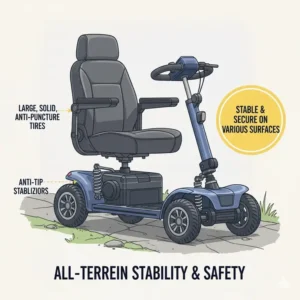 Durable all-terrain tires on a foldable mobility scooter for heavy adults ensuring stability on various surfaces.