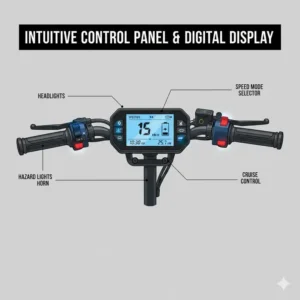 Illustration 6: The digital control panel and dashboard of a 4 wheel all terrain scooter.