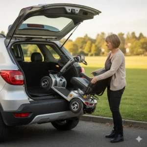 A portable all terrain mobility scooters folded down and being loaded easily into the back of a small SUV.
