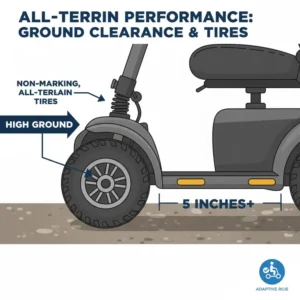 Illustration highlighting the high ground clearance and durable tires of a bariatric scooter for outdoor use.