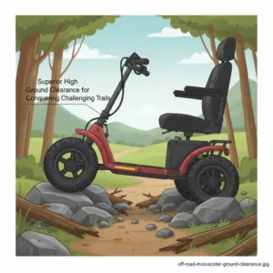 Side view of an off road mobility scooters clearly showing its superior high ground clearance above rocks and obstacles, a key feature for conquering challenging trails.