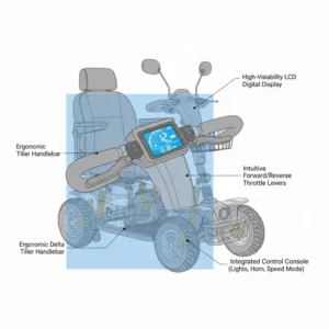 The ergonomic control panel and digital display of an all terrain mobility scooter foldable.