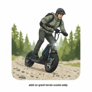 A person confidently riding an all terrain scooter for adults over a loose gravel path, showcasing its stability on rough ground.